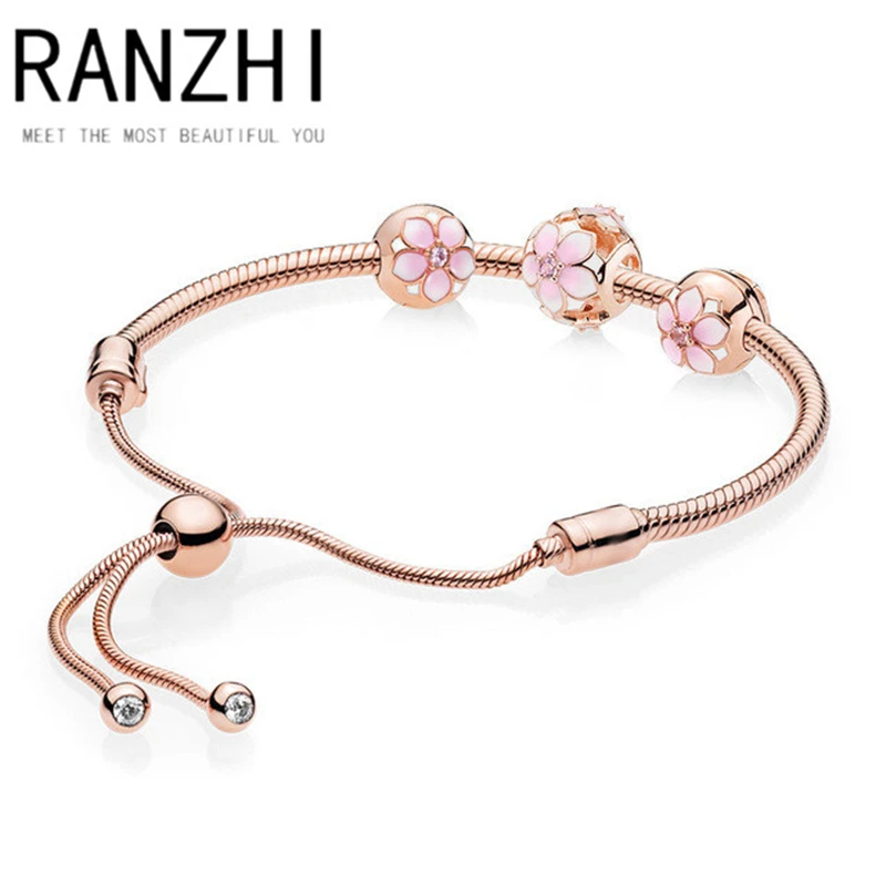 

RZ PAN Rose Gold 100%925 Sterling Silver Adjustable New 1:1 Bracelet Original Charm Pandoro logo Set Female DIY Jewelry Gift