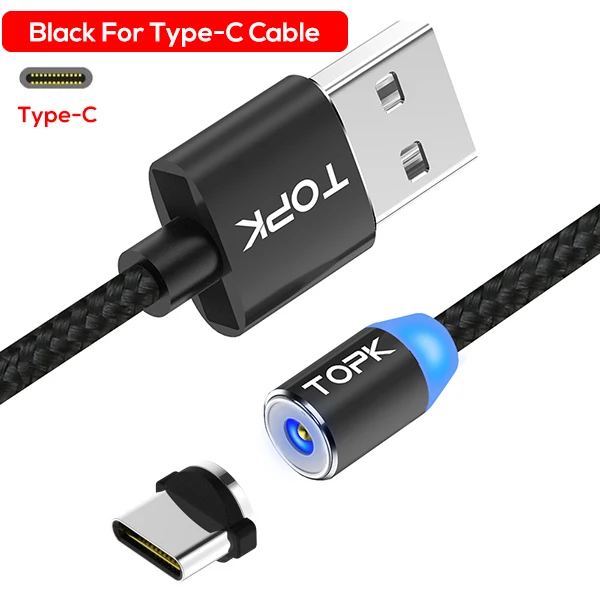 TOPK R-Line2 светодиодный магнитный кабель usb type C, обновленный нейлоновый Плетеный Магнитный кабель type-C для зарядного устройства samsung S8 Xiaomi Mi6 USB-C - Цвет: 1 Black Cable 1 Plug