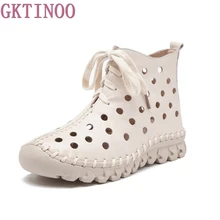 Женские ботинки ботильоны из натуральной кожи летние сапоги с прорезями chaussures femme удобная женская обувь на плоской подошве ручной работы