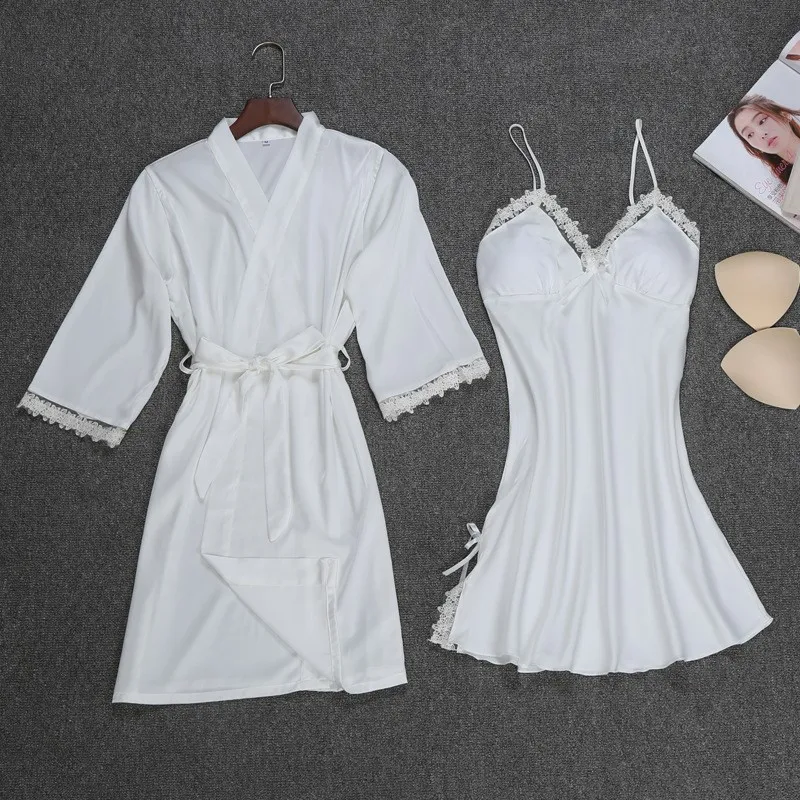 New Women Silk Robe Sexy Lace Nightgown Robe Set for Female 2 Piece Satin Sleepwear Women Plus Size Women Robe Set Nightwear 49 (8)