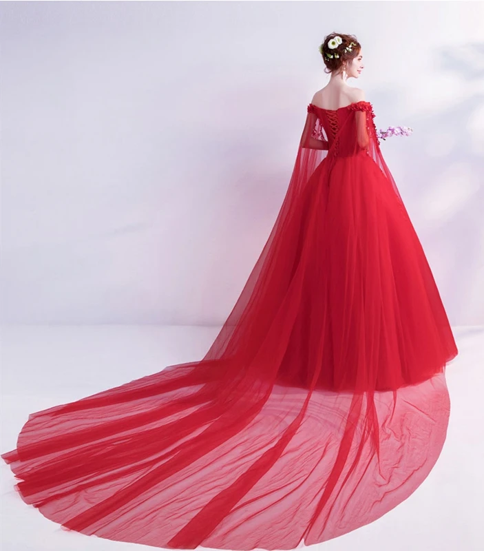 Красное вино Выпускные платья новое поступление специальные рукава лодочка шеи с плеча бальное платье Тюль, аппликация, бисер цветок вечернее платье