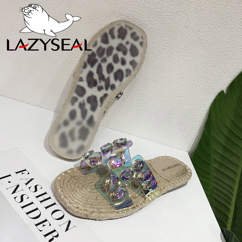 LazySeal/Вьетнамки; сезон лето; Mujer Zapatos; ; шлепанцы на плоской подошве с кристаллами; пляжные шлепанцы с прозрачными стразами и заклепками; женские шлепанцы