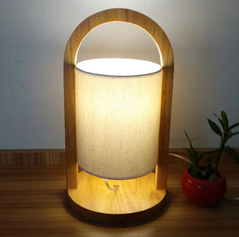 

Modern table lamp light for bedroom study office,Oak wood base Cloth cylindrical shade table lamp E27 bedside lamps wooden lamp