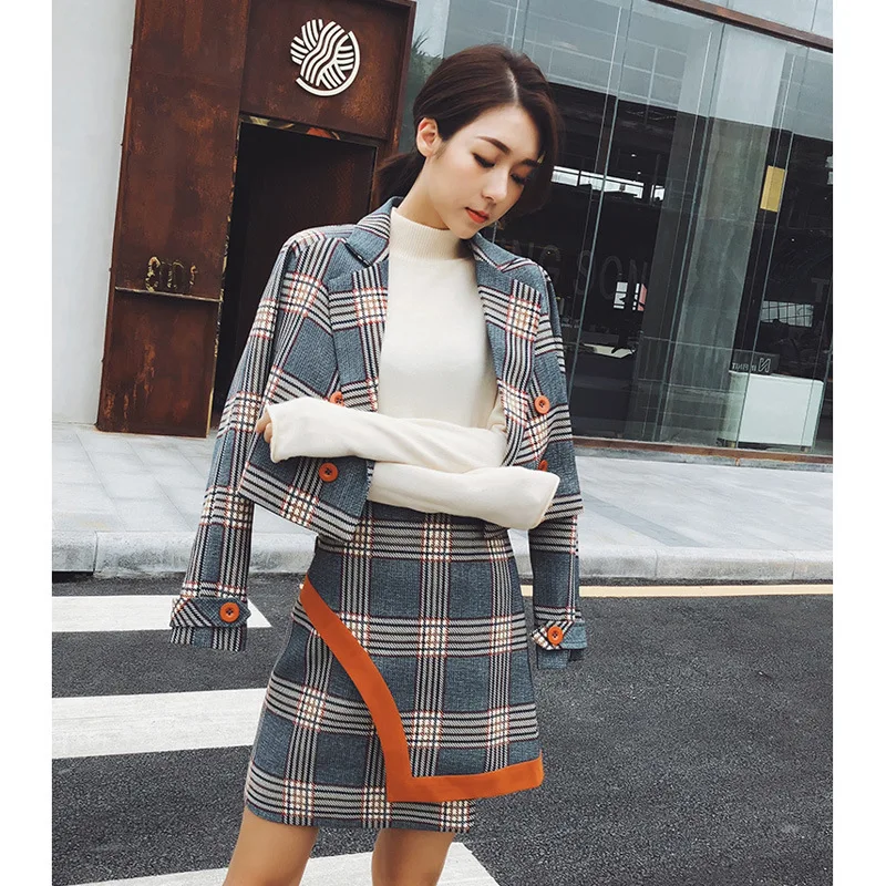 LXUNYI Spring Autumn Two Piece Plaid Skirt Suit Set Women Korean Style Female Set Mini Skirt And Short Jackets Double Breasted