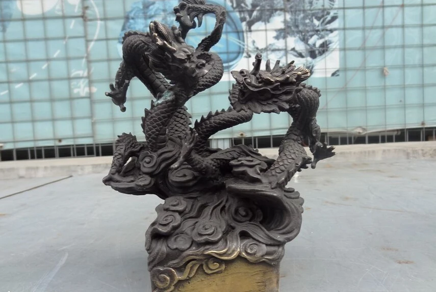 

S3332 8" Folk Chinese Pure Bronze Decoration Wealth FengShui Myth 2 Fly Dragon Statue D0318