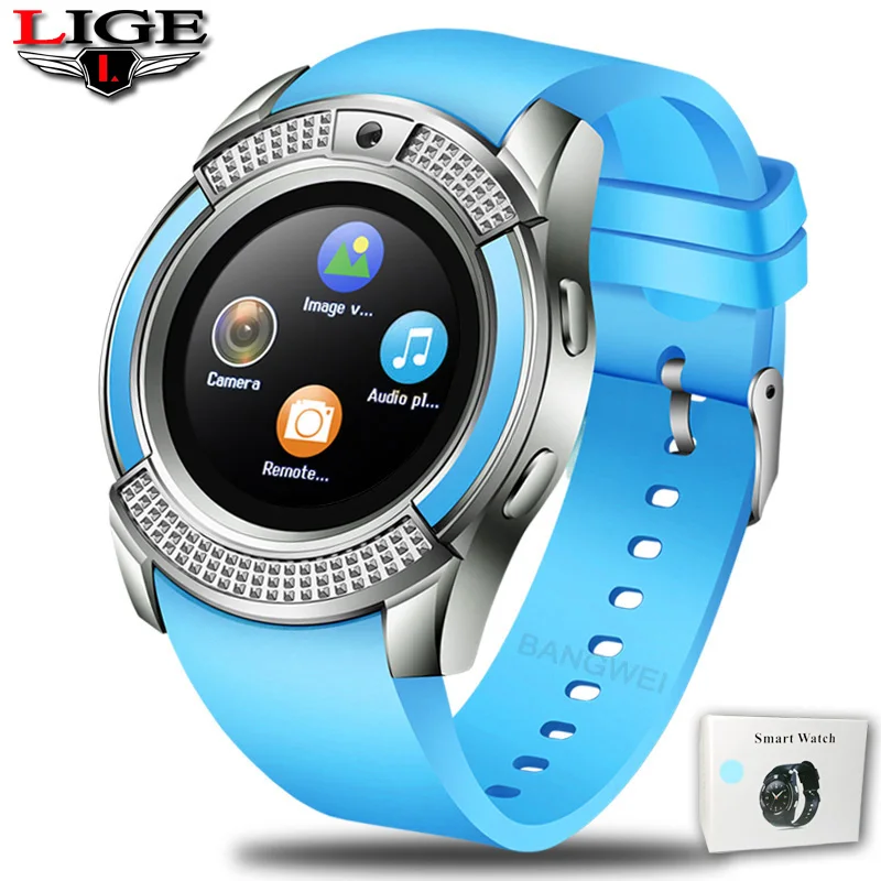 LIGE Bluetooth Смарт-часы 1,2" круглый экран Поддержка SIM/TF карта камера SmartWatch для samsung Xiaomi Android смартфон - Цвет: Blue