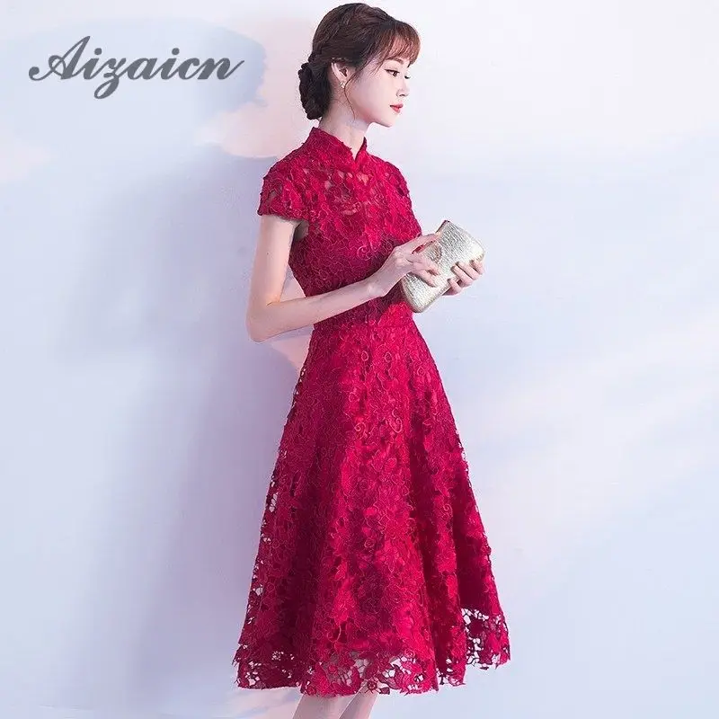 Сексуальное красное платье Cheongsam для невесты, модное длинное свадебное платье Qipao, китайское кружевное традиционное вечернее платье Qi Pao, классическое женское платье