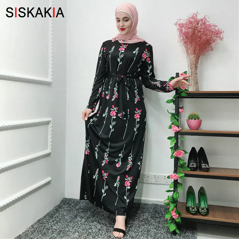 

Siskakia Elegant Black Long Dress Muslim Casual Ramadan Clothes Rose Printing Maxi Dresses Casual Round Neck Long Sleeve 2019