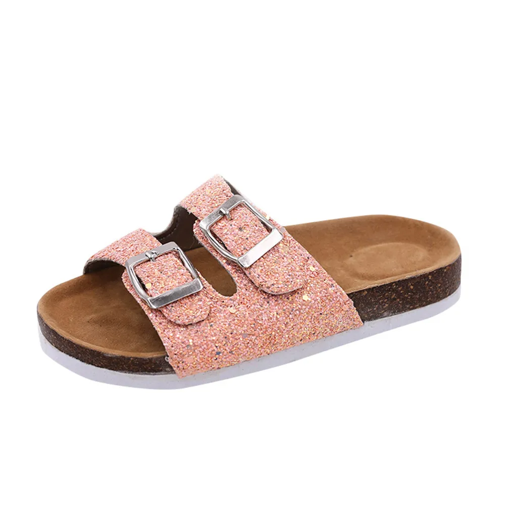 

Women's Sequins Double Buckle Flat Beach Slippers Fashion Thick Bottom Sandals Leisure Round Toe Flat with Rubber Sandals mar 28