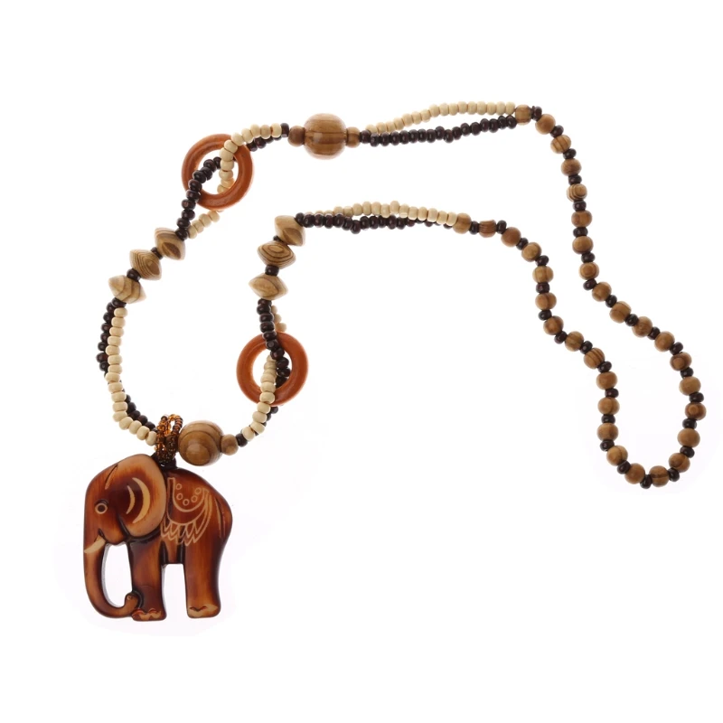 

Bohemia Women Wooden Carving Elephant Pedant Necklace Rosary Bead Buddhism Sweater Chain Jewelry