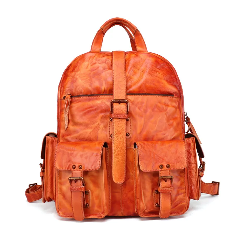 

Nesitu Vintage Large Brown Genuine Leather 14'' 15.6'' Laptop Women Men backpacks Female Male Travel Bags High Quality M6434