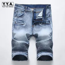 Европейские модные летние джинсовые брюки мужские уличные Прямые повседневные плиссированные шорты с застежкой "молния" моющийся наколенник длина джинсы плюс размер 42