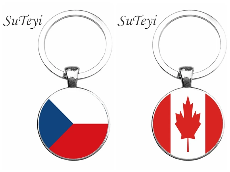 

SUTEYI Fashion Bag/Car Accessories Keychain Canada/Czech Republic Flag Handmade Key Chain Jewelry Glass Dome Pendant Key Ring