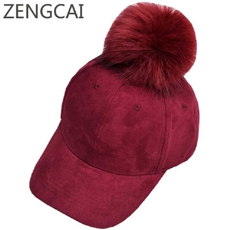 New Corduroy Baseball Cap With Faux Fur Pompon Suede Hat Winter Warm