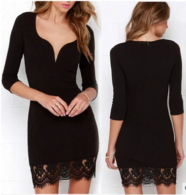 2016 explosion models spring new lace stitching V-neck long-sleeved dress | Женская одежда