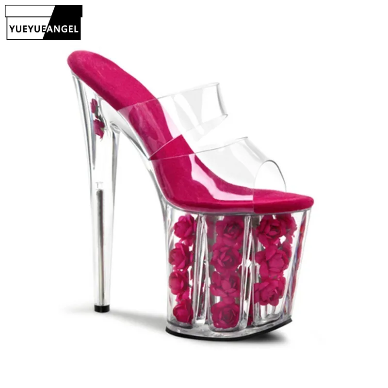 

20CM High Heels Women Slipper Stilettos Thick Platform Flower Filling Sexy Summer Party Slippers Transparent Wedding Dress Shoes