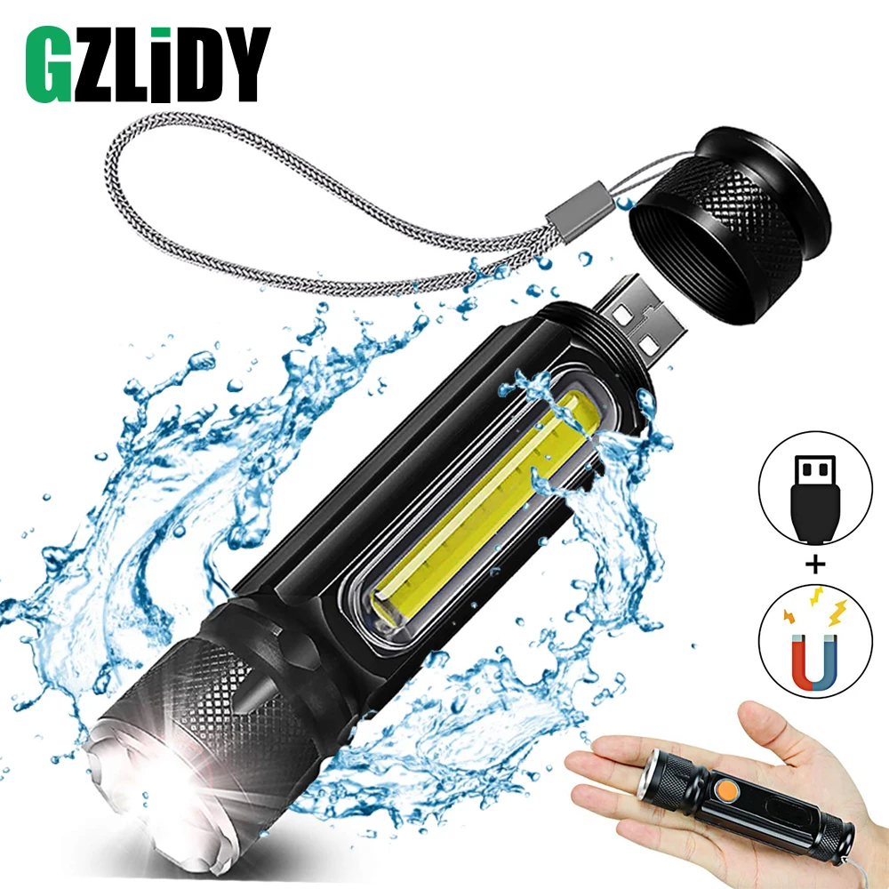 

USB Rechargeable LED Flashlight Bicycle Light Side light design + Tail magnet design Multi-function Zoomable Torch For camping