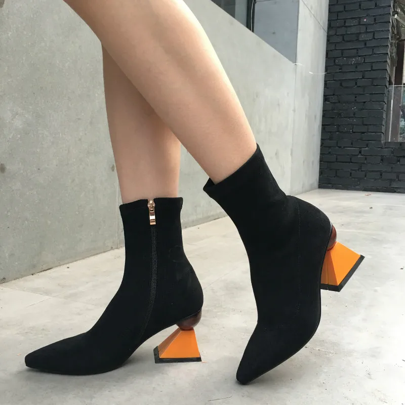 XiuNingYan/черные женские ботильоны на высоком каблуке; женская обувь из эластичной ткани с острым носком; Botas Mujer; обувь на молнии; женские туфли-лодочки; сапоги-носки