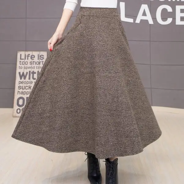 Зимние длинные юбки, Женская винтажная юбка с высокой талией, юбка макси черного цвета хаки, AF122