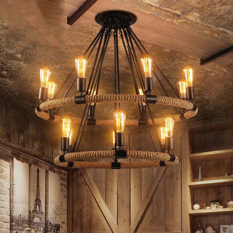 

American country industrial retro Hemp rope chandelier cafe restaurant bar lamp E27 110-240V