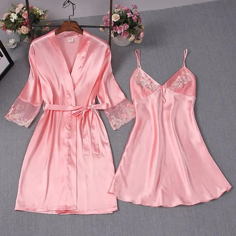 

Lady Wedding Bride Bridesmaid Robe Set Twinset Sleepwear Lace Trim Nighty&Robe Sleep Suit Solid V-Neck Nightwear Sexy Pink