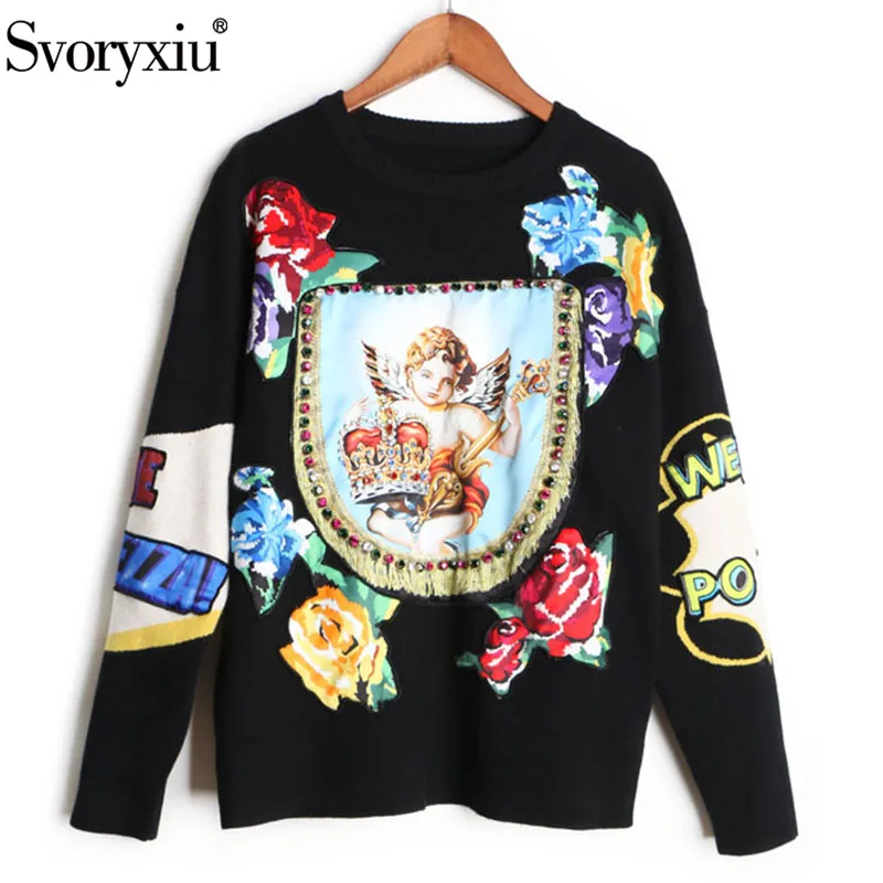 Svoriu Runway Winter Knitting Sweater Women's Long Sleeve Angel Flower Printed Diamonds High Quality Wool Blended Pullovers