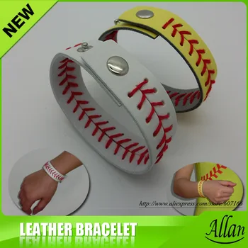

Leather Softball Baseball Seam Bracelets Yellow with Red Seam Lace