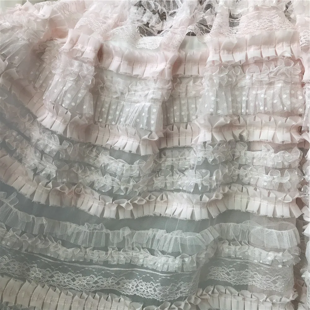 Layered 3D Ruffle Mesh Lace Fabric With Polka Dot Print Gowns Pleated Bridal Pink Black 1 Yard|Кружево| |