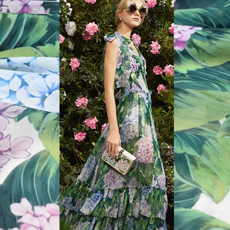 Полиэстер, шифон, плюшевая ткань с цифровой печатью гортензии для платья tissu au metrer, тюль, дешевые ткани, китайские, сделай сам, потертый шик