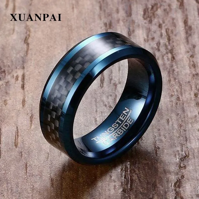 XUANPAI 8mm Blue Carbon Fiber Tungsten Carbide Wedding Band Ring