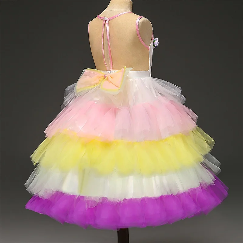 Вечерние платья с единорогом для девочек; многослойное Цветочное платье-пачка на Хэллоуин; Радужный костюм принцессы для маленьких девочек с открытой спиной и рисунком единорога из мультфильма