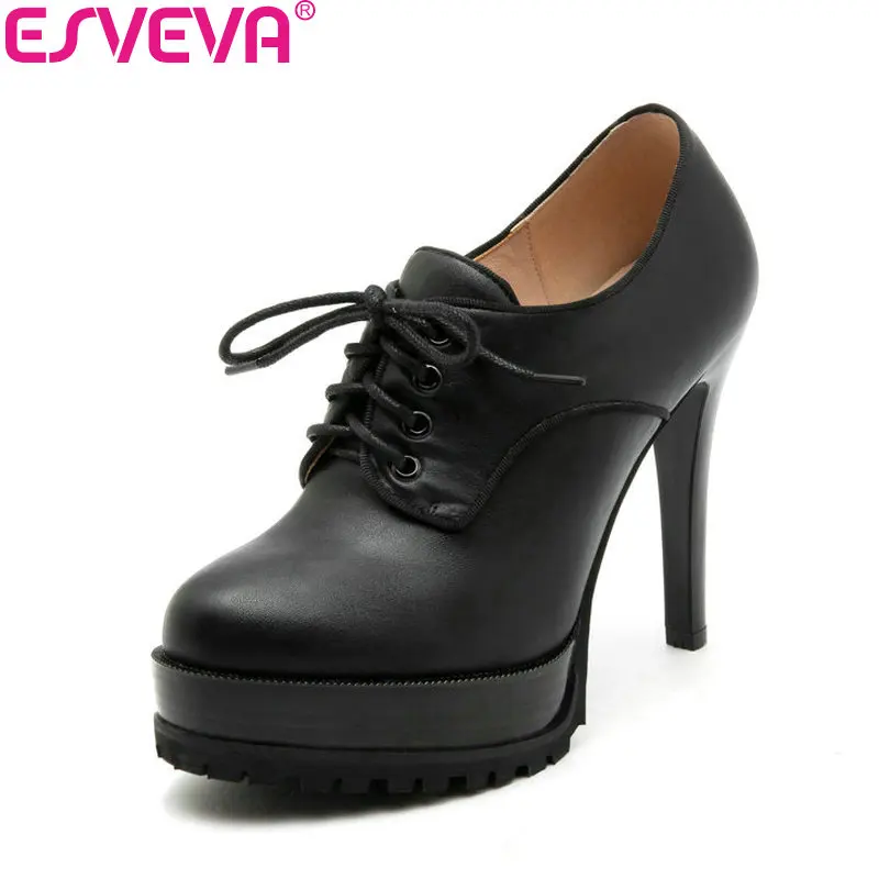 

ESVEVA 2018 Women Pumps Concise PU/Suede Lace Up Round Toe Thin High Heels Platform Pumps Western Style Lades Shoes Size 34-43