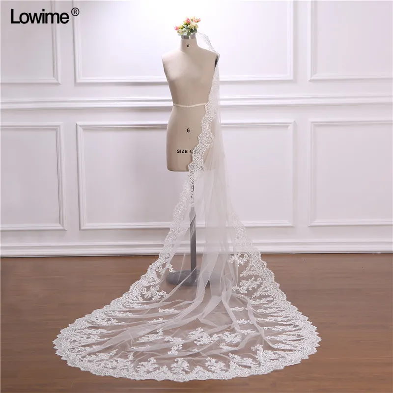 Lowime Cheap Cathedral Wedding Veil Accessories 3 Meters Voile Mariage Vail Velos Lace Cotton Bride Veils 2018 (2)