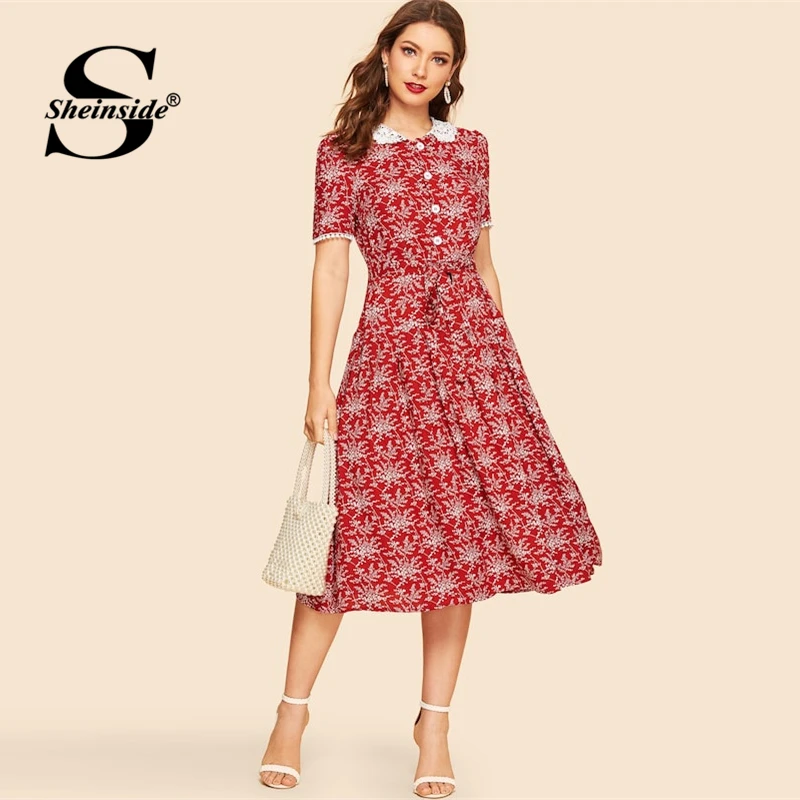 Sheinside, винтажное гипюровое летнее платье с кружевным воротником и принтом, женские платья трапециевидной формы с пуговицами, женские платья с высокой талией и поясом
