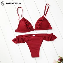 Solid Women Sexy Bikinis Set Low Waist Flounce Edge Fashion Beach Dress Push Up Bathwear flounce swim dress set