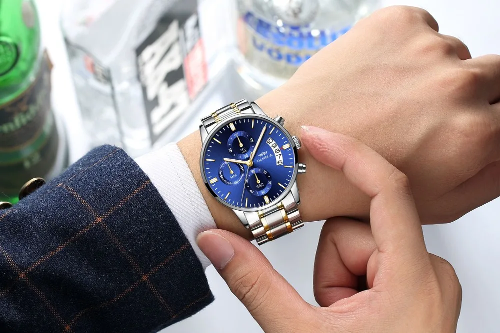 OLMECA мужские деловые часы Топ бренд класса люкс часы с хронографом полностью стальные синие золотые повседневные кварцевые часы Relogio Masculino