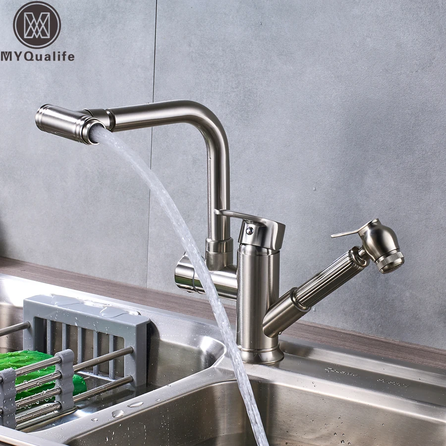 Brushed Nickel Kitchen Faucets Brass with Two Spouts Pull Out Spray Hot