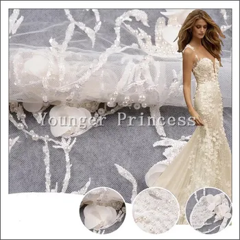 

New design white unique beaded embroidered tulle lace fabric YG-750 Nigerian french tulle lace fabric for fashion show dress