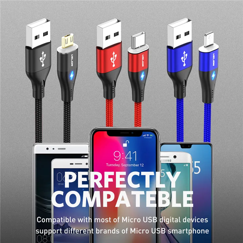 USLION 3A светодиодный магнитный кабель для быстрой зарядки для iPhone XS Micro usb type C Магнитный зарядный кабель для телефона huawei samsung Xiaomi