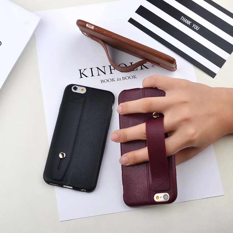

PU Leather protector cover silicone Back Phone Case Hand Grip Strap stand phone accessories for apple iPhone 5s 6 6S/7/8 Plus X