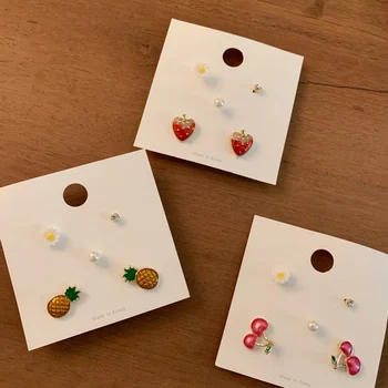 

MENGJIQIAO New Cute Sweet Fruit Cherry Stud Earrings For Women Metal Delicate Boucle D'oreille Girls Summer Jewelry 5pcs/set