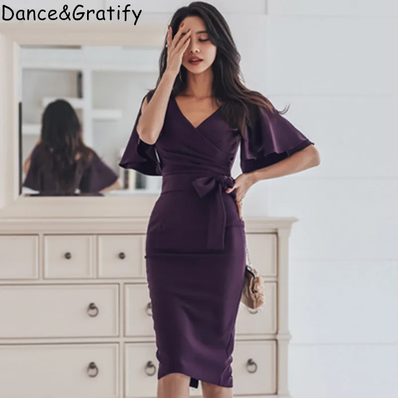 

New 2019 Summer Elegant Butterfly Sleeve Bodycon Dresses V Neck Womens Office Party Dress Ladies Purple Business Vestidos