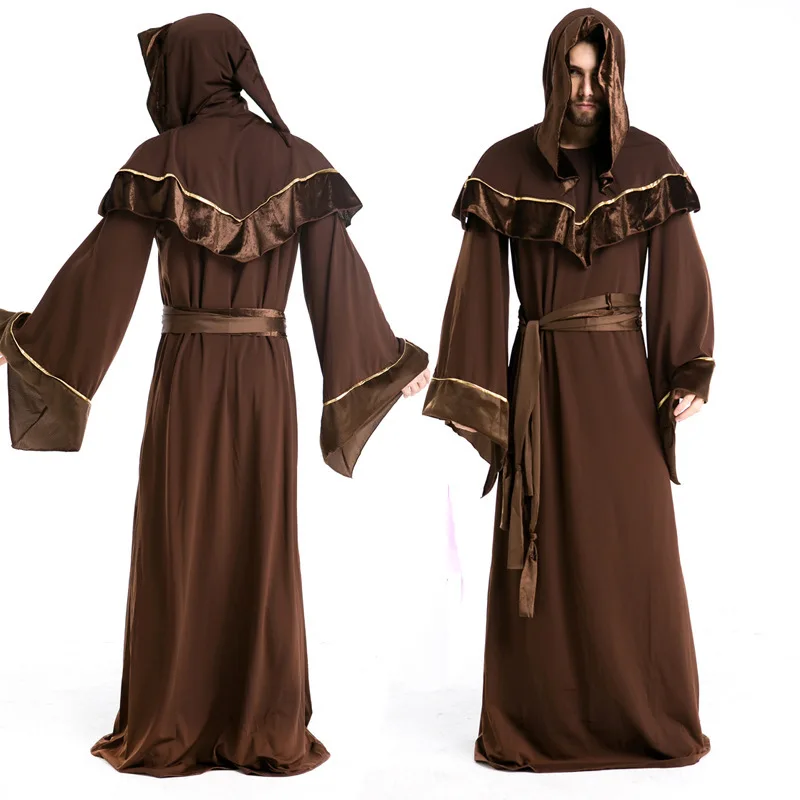 

Men's Halloween Costume Gothic Witch Gown European Religious Priests Male Cosplay Role-playing Clothes with Belt