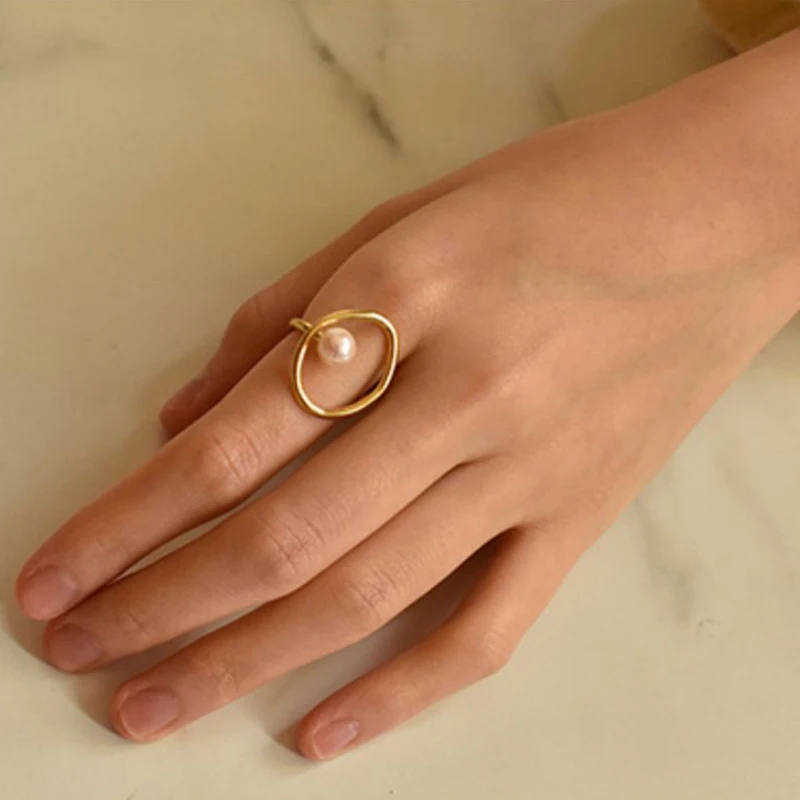 

2019 Elegant Simulated Pearl Hollow Adjustable Ring Women Trendy Gold Color Metal Geometric Jewelry Bijoux Fashion Cute Gift