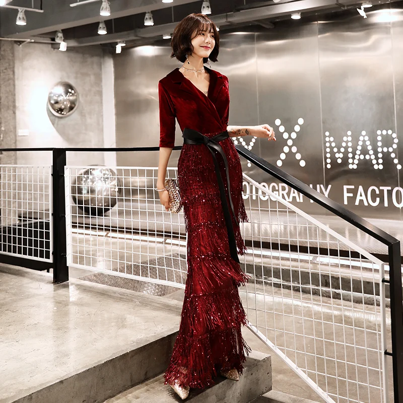 

Luxury Wine Red Mermaid Long Banquet Evening Gowns Velvet Half Sleeve Turn Down Collar Black Trumpet Women Party Dress G565