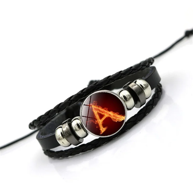 Flame A-M Letters Bracelet PersonalityTeam Name Rope Bracelet Black Leather Bracelet Men Women Fashion