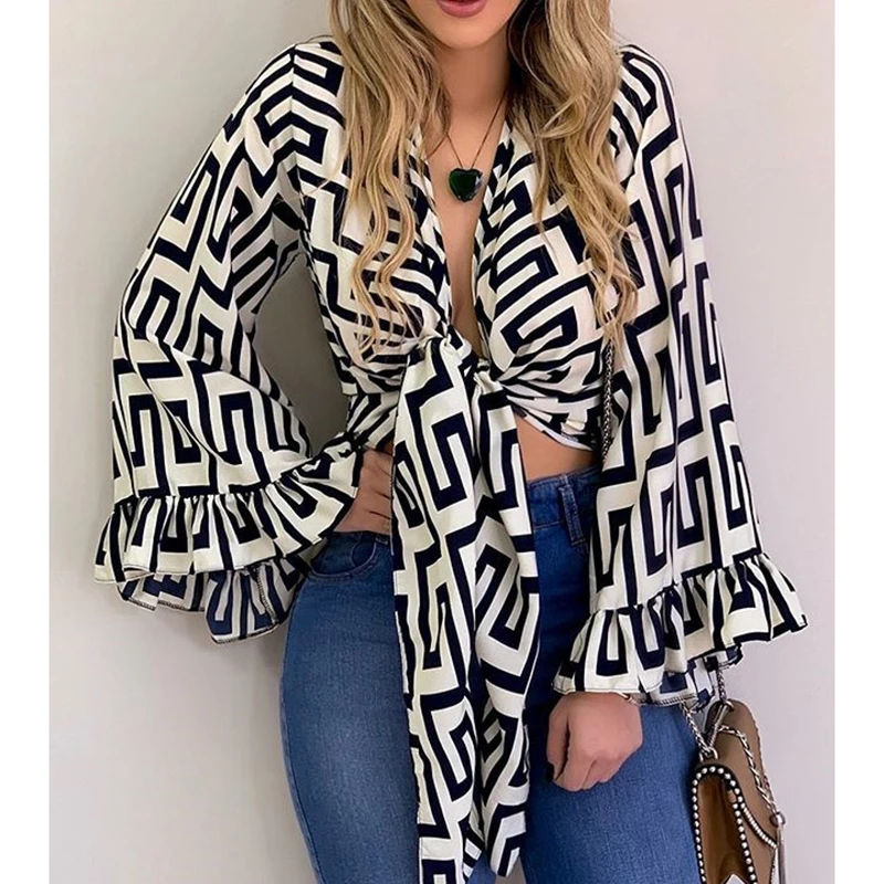 

Bell sleeve v neck wrap blouse women Long sleeve front bow tied beach tops shirt Summer 2019 Retro print short blusas femme