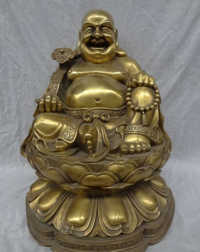 

S5262 20" Chinese Buddhist Brass Lotus RuYi Happy Laughing Maitreya Buddha Statue D0318