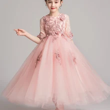 Праздничное платье из тюля с аппликацией для девочек; Платья с цветочным узором для девочек на свадьбу; длинный Детский карнавальный костюм принцессы; платья для первого причастия