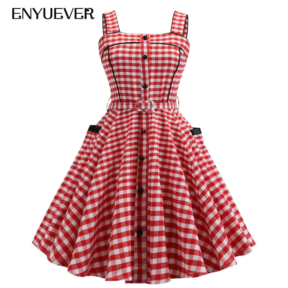 

Enyuever Red Plaid Dress Summer Women Clothes 2019 Button Up Spaghetti Strap Pinup Vestido Vintage Casual Dress Pockets Sundress